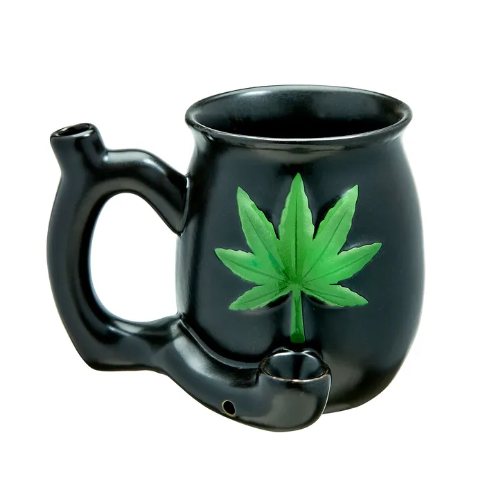 Anal Fashioncraft Black Matt Mug With Embossed Green Leaf Roast and Toast