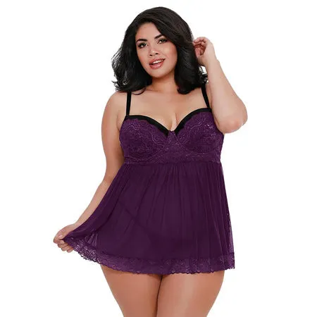 Dreamgirl International Teddies And Bodies Dreamgirl PlusSize Stretch Mesh and Lace Babydoll With Underwire PushUp Cups GString and Lace Overlay Plum Queen 3X Hanging Dreamgirl International Teddies And Bodies Dreamgirl PlusSize Stretch Mesh and Lace Babydoll With Underwire PushUp Cups GString and Lace Overlay Plum Queen 3X Hanging