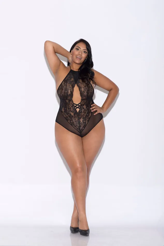 Lace and Mesh Halter Teddy Queen Size Black Glitter Teddies And Bodies