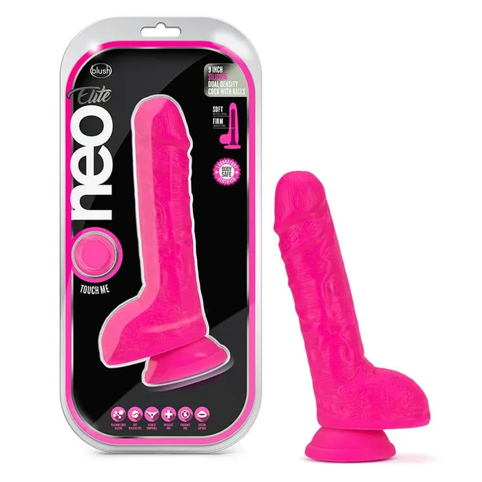Neo Elite 9in Dual Density Cock W Balls Neon Pink Blush Novelties Dildos