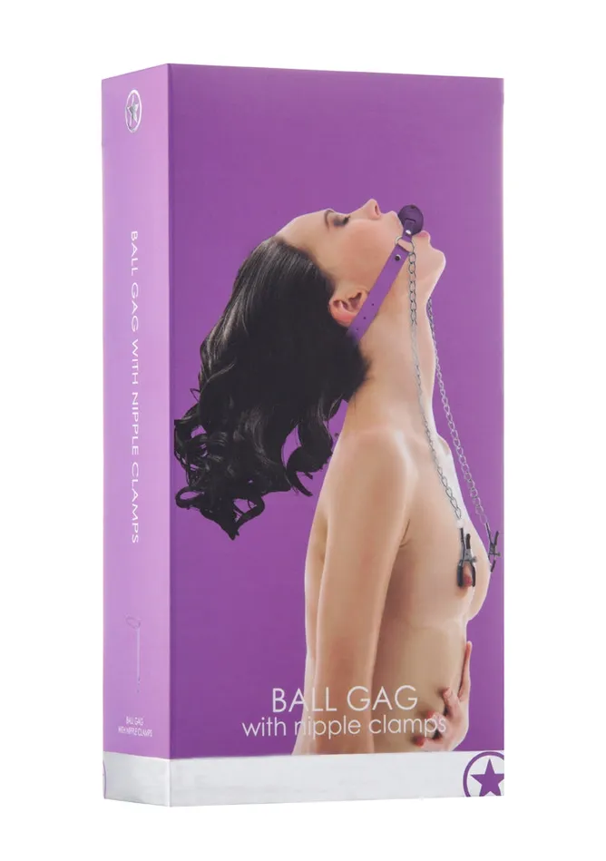 Ball Gag with Nipple Clamps Purple Shots Ouch Vibrators