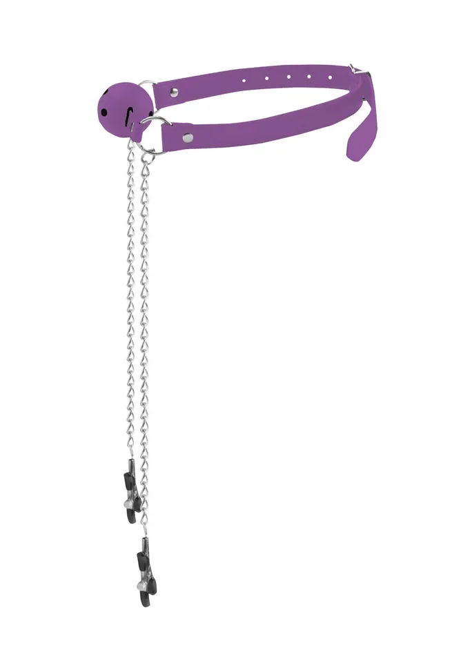 Ball Gag with Nipple Clamps Purple Shots Ouch Vibrators