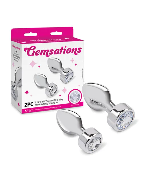 Electric Eel INC Anal Gemsations 2 pc 325 37 Tapered Bling Bling Metal Butt Plug Training Set Silver