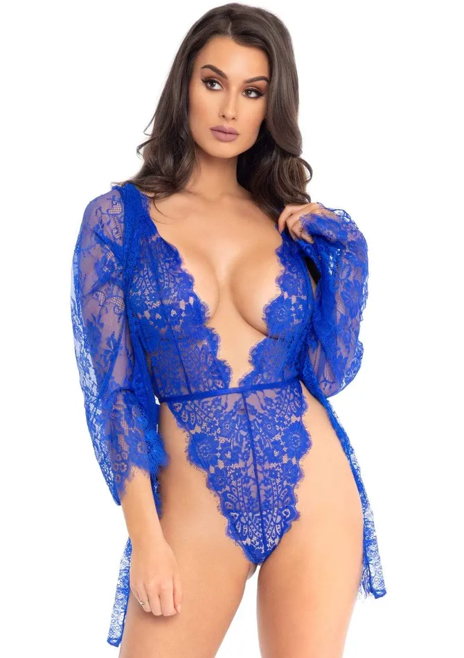 Leg Avenue Anal 3pc Lace Teddy and Robe Set Medium Royal Blue