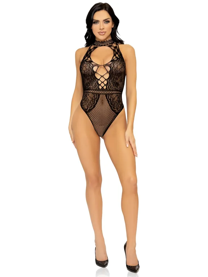 Leg Avenue Teddies And Bodies Net and Lace Keyhole Halter Bodysuit One Size Black Leg Avenue Teddies And Bodies Net and Lace Keyhole Halter Bodysuit One Size Black