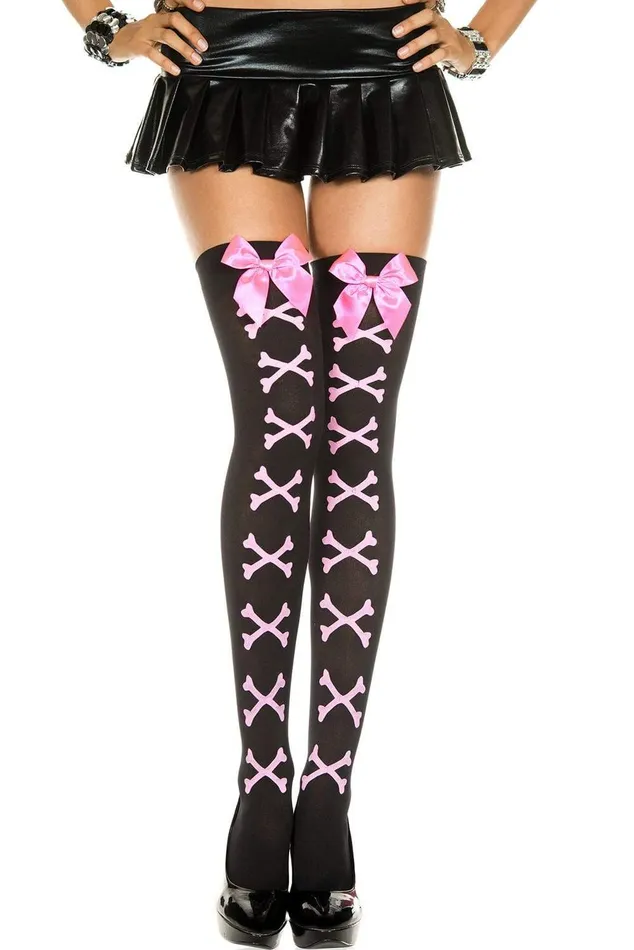 Music Legs Vibrators Cross Bone and Satin Bow Opaque Thigh Hi One Size Black Pink Music Legs Vibrators Cross Bone and Satin Bow Opaque Thigh Hi One Size Black Pink