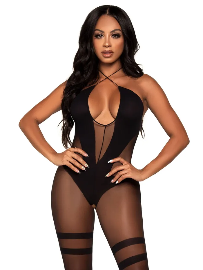 Opaque and Sheer Twist Halter Bodystocking One Size Black Leg Avenue Bodystockings Playsuits Opaque and Sheer Twist Halter Bodystocking One Size Black Leg Avenue Bodystockings Playsuits