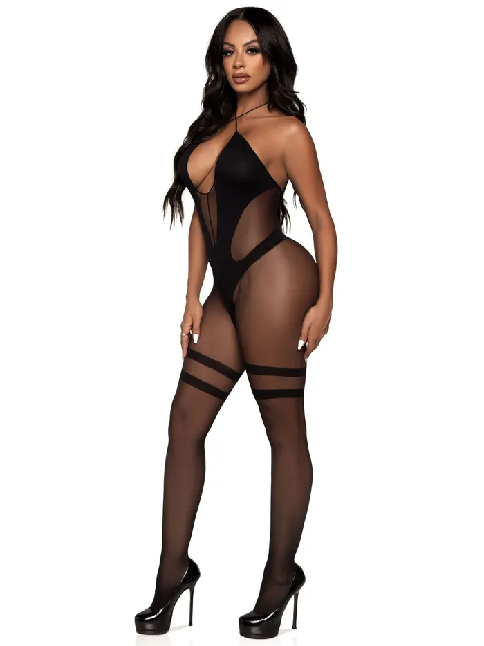 Opaque and Sheer Twist Halter Bodystocking One Size Black Leg Avenue Bodystockings Playsuits Opaque and Sheer Twist Halter Bodystocking One Size Black Leg Avenue Bodystockings Playsuits