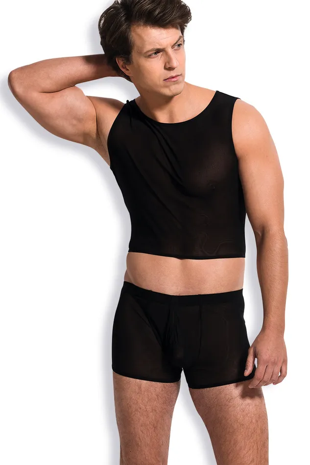 Eccentric Playroom Essentials Anal 2pcsmens sexy black sheer mesh Tshirt tank boxer erotic