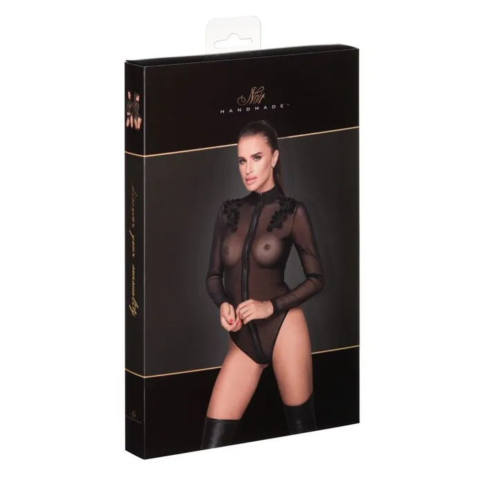 Zipped Tulle Bodysuit w Embroidery Noir Teddies And Bodies