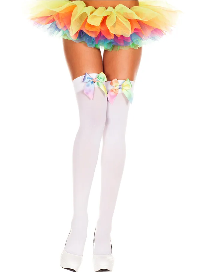 Mens Underwear MUSIC LEGS White Opaque Rainbow Satin Bow Thigh High Hosiery One Size Mens Underwear MUSIC LEGS White Opaque Rainbow Satin Bow Thigh High Hosiery One Size