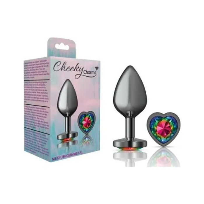 Anal Vibrant Vibes Australia Quality Sex Toys Great Prices Cheeky Charms Gunmetal Butt Plug w Heart Rainbow Jewel Medium