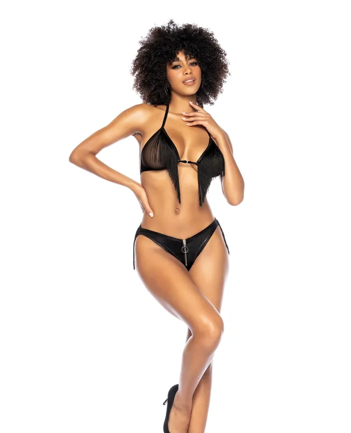Anal Mapale Fringe Halter Top Open Back Bottom Wfront Zipper Black