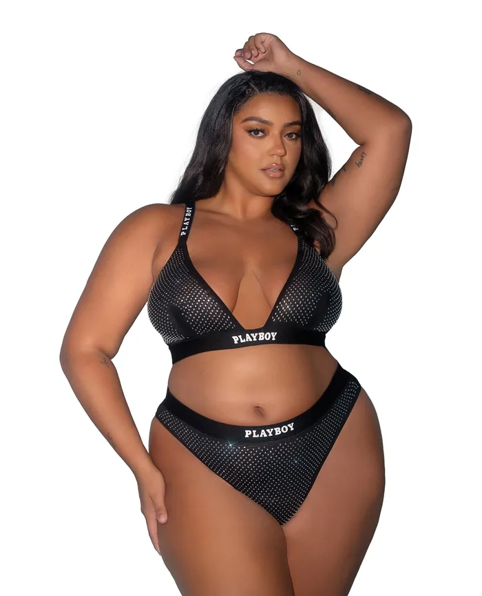 Anal Roma Costume Playboy Disco Fever Rhinestone Bralette wThong 2 pc Set Black