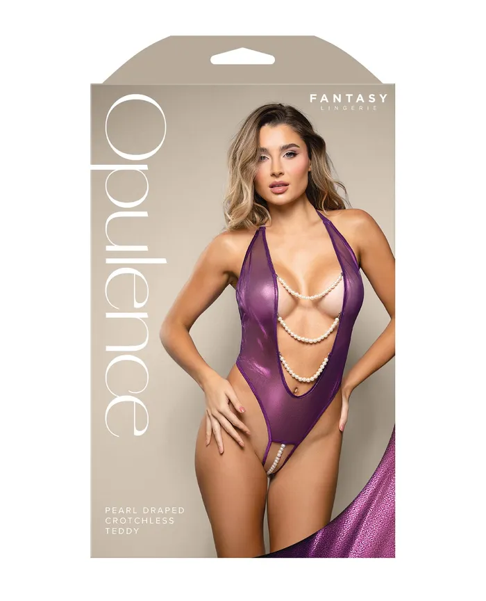 Fantasy Lingerie Vibrators Opulence Shimmer Mesh Halter Teddy wPearl Details Purple Fantasy Lingerie Vibrators Opulence Shimmer Mesh Halter Teddy wPearl Details Purple