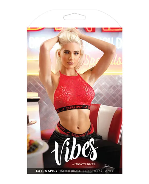 Fantasy Lingerie Vibrators Vibes Extra Spicy Halter Bralette Cheeky Panty Chili Red Sm
