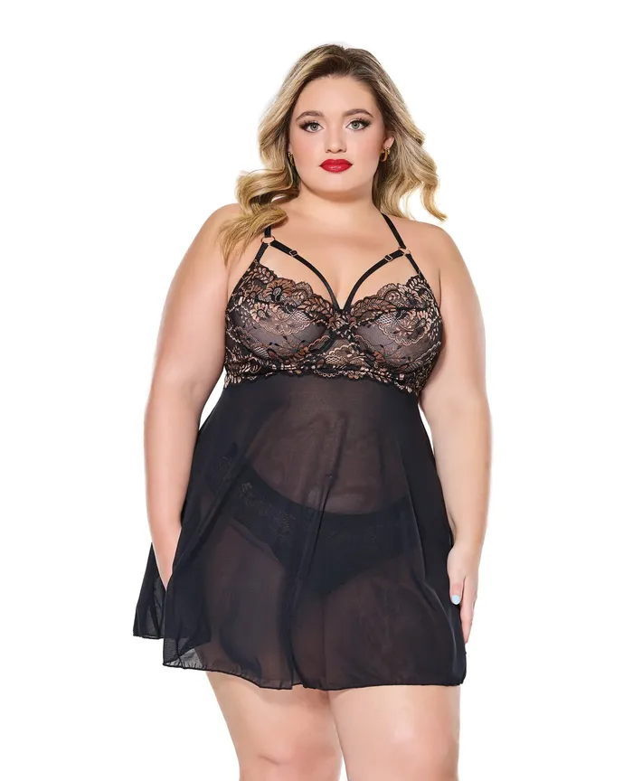 Vibrators Coquette Lace and Mesh Underwire Babydoll wThong BlackRose Gold 1X2X