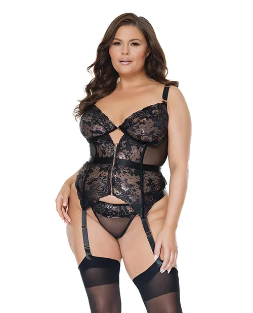Vibrators Metallic Stretch Lace Garter Belt Bustier wLace Up Closure Thong BlackRose Gold 1X2X Coquette Vibrators Metallic Stretch Lace Garter Belt Bustier wLace Up Closure Thong BlackRose Gold 1X2X Coquette